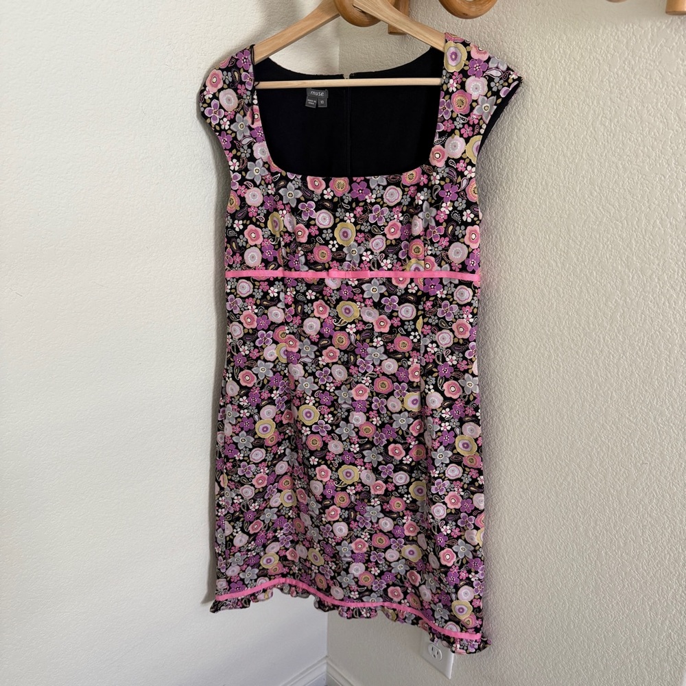 Muse retro Black pink floral Dress sleeveless bow size 10 whimsygoth